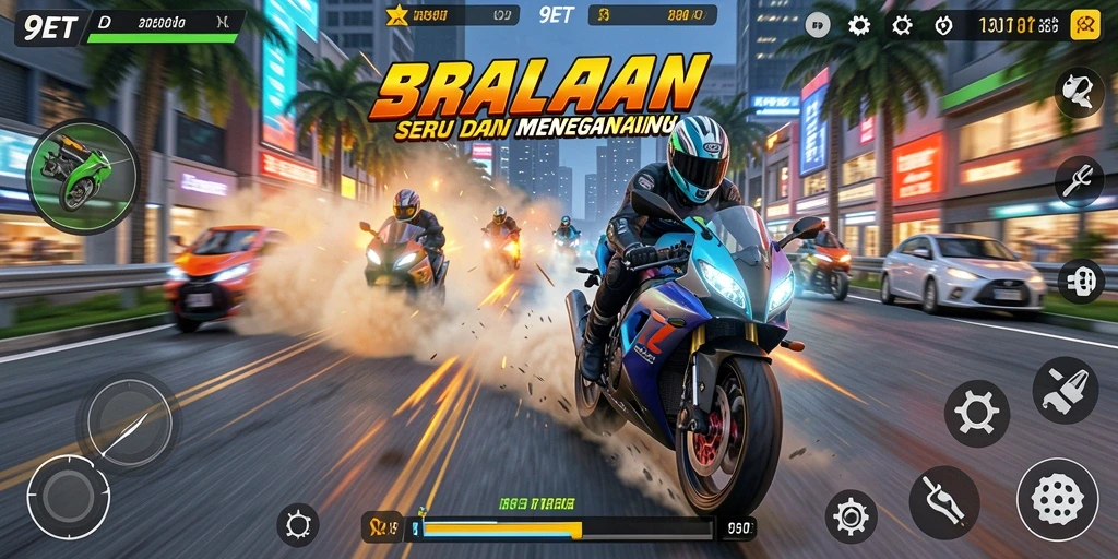 Screenshot utama menampilkan balapan motor yang menegangkan di lintasan.