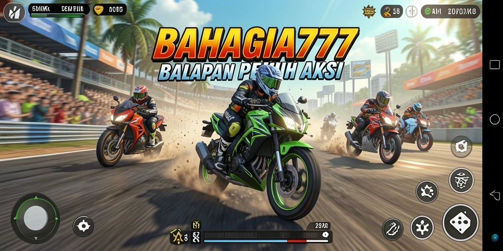 Tangkapan layar gameplay <strong>BAHAGIA777</strong> menampilkan aksi balap motor yang seru.