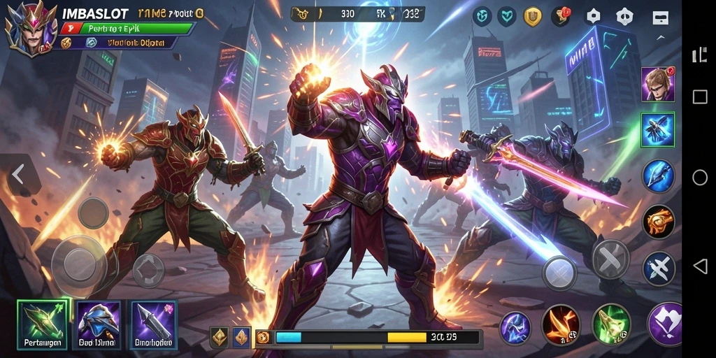 Screenshot gameplay <strong>IMBASLOT</strong> yang menunjukkan pertarungan epik dan karakter karismatik.