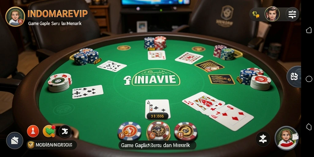 Tampilan gameplay seru dari aplikasi INDOMAREVIP, menampilkan strategi dan keseruan bermain Gaple.