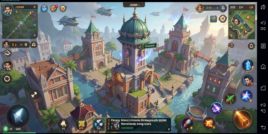 Screenshot J200M menampilkan aksi menara dalam pertempuran Tower Defense.