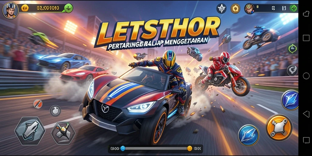 Tampilan gameplay balap seru di LETSTHOR dengan aksi mendebarkan.