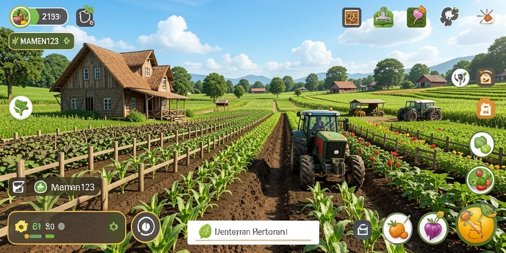 Tampilan gameplay MAMEN123 dengan ladang yang rindang dan aktivitas pertanian.