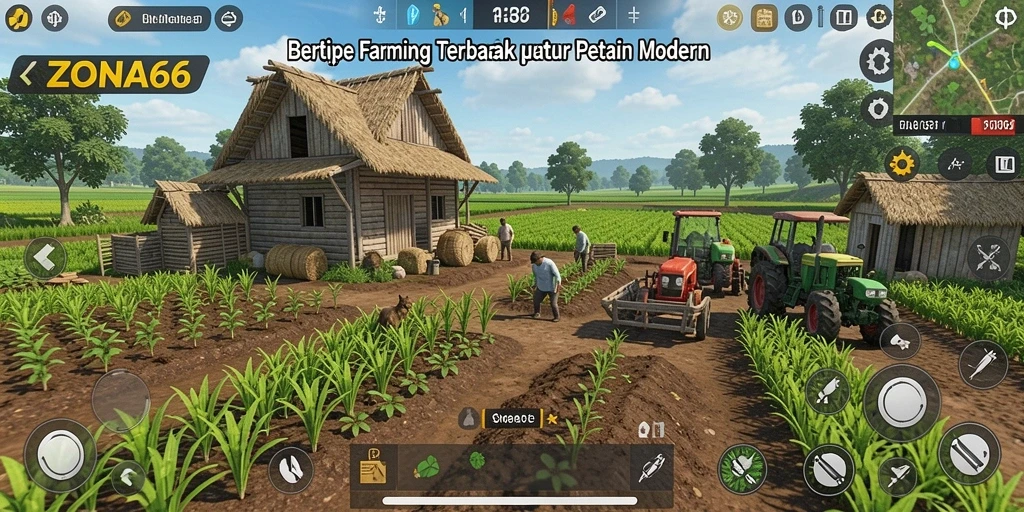 Tampilan gameplay <strong>ZONA66</strong> dengan aktivitas bertani dan berkebun.